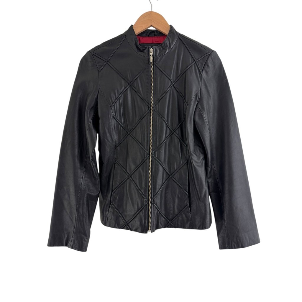 Vtg Mossimo Black Genuine Leather Jacket Coat Red Lining Size S Y2k Zip Pockets
